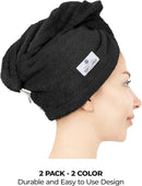 American Soft Linen 100% Cotton Hair Towels for Women, Head Towel Cap, Cotton Hair Turban Towel Wrap for Long Curly Anti Frizz Hair, Soft and Absorbent Cotton Hair Towels 2 Pack, Purple-Black Infinity Warehouse