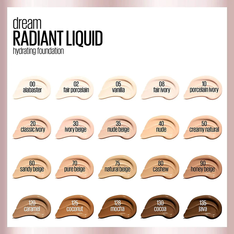 Maybelline Dream Radiant Liquid Medium Coverage Hydrating Makeup, Lightweight Liquid Foundation, Vanilla, 1 Fl; Oz Maybelline New York