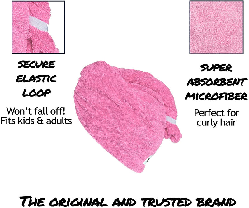 Turbie Twist Microfiber Hair Towel Wrap for Women and Men | 4 Pack | Bathroom Essential Accessories | Quick Dry Hair Turban for Drying Curly, Long & Thick Hair (Pink, Blue, Grey, White) Turbie Twist