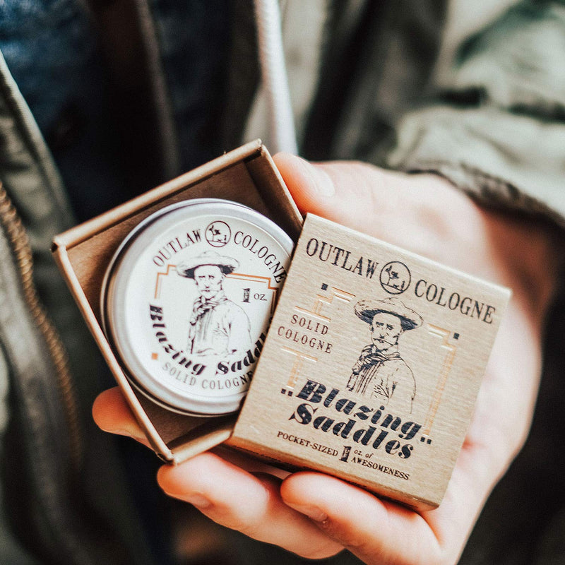 Western Solid Cologne for Men and Women - Smells like leather & gunpowder - Blazing Saddles by Outlaw - 1 oz hard cologne, Made in the USA Outlaw Soaps
