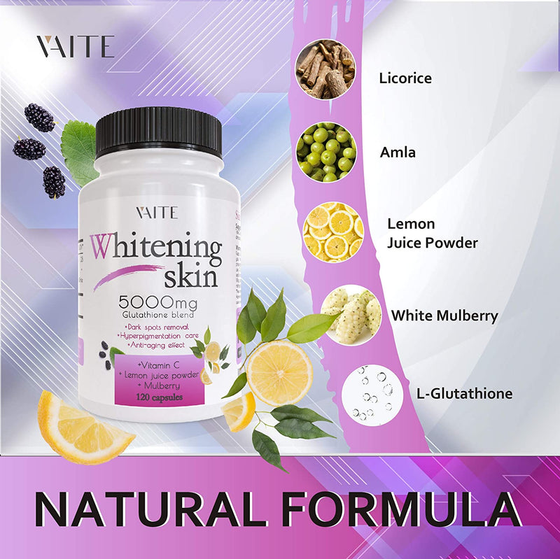 Glutathione Whitening Pills - Dark Spots & Acne Scar Remover - 5000 - Made in USA - Vegan Skin Bleaching Pills with Anti-Aging & Antioxidant Effect - 120 Capsules VAITE