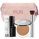 PÜR Minerals Multitasking Essentials Kit - Makeup Gift Set Includes 4-in-1 Correcting Primer, Fully Charged Mascara, 4-in-1 Pressed Mineral Powder & 1 Chisel Brush Infinity Warehouse
