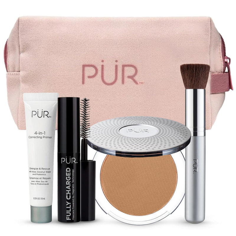 PÜR Minerals Multitasking Essentials Kit - Makeup Gift Set Includes 4-in-1 Correcting Primer, Fully Charged Mascara, 4-in-1 Pressed Mineral Powder & 1 Chisel Brush Infinity Warehouse