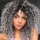 Curly Wigs for White Women - Kinky Curly Afro Wig with Bangs Ombre Gray Color Synthetic Mixed Wigs with 1 Wig Comb and 4pcs Wig Caps YEAME