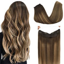 GOO GOO Halo Hair Extensions 100g Ombre Chocolate Brown to Caramel Blonde 20 Inch Real Human Hair Extensions with Invisible Fish Line Layered Flip in Extensions Straight Hairpiece for Women GOO GOO Store