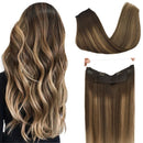 GOO GOO Halo Hair Extensions 70g 14 Inch Ombre Chocolate Brown to Caramel Blonde Straight Real Human Hair Extensions Flip in Hidden Crown Hair Extensions with Invisible Wire Layered Hairpiece GOO GOO Store