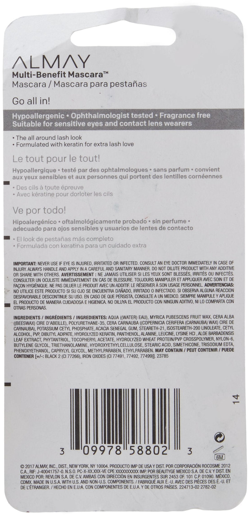 Mascara by Almay, Volume, Length, Definition & Conditioning, Multi-Benefit Eye Makeup, Hypoallergenic and Fragrance Free, 502 Black, 0.24 Fl Oz Almay