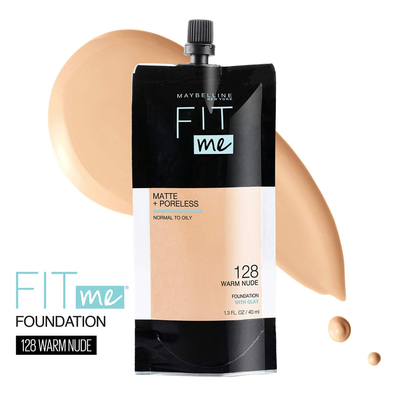 Maybelline New York Fit Me Matte + Poreless Liquid Foundation, Pouch Format, 128 Warm Nude, 1.3 Ounce Maybelline New York