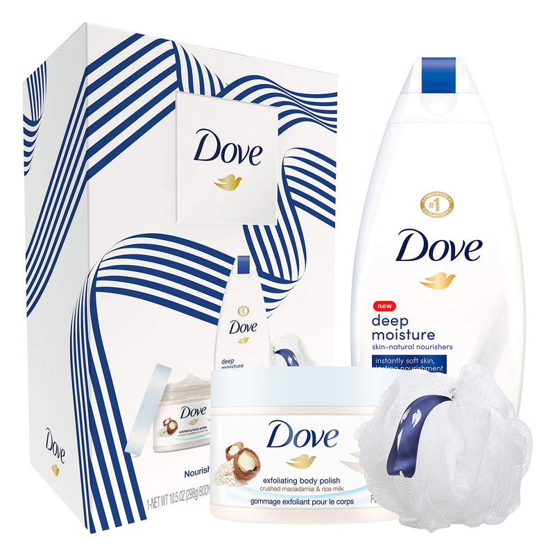Dove Gift Set Deep Moisture Body Wash 12oz and Crushed Macadamia and Rice Milk Scrub 10.5oz Dove