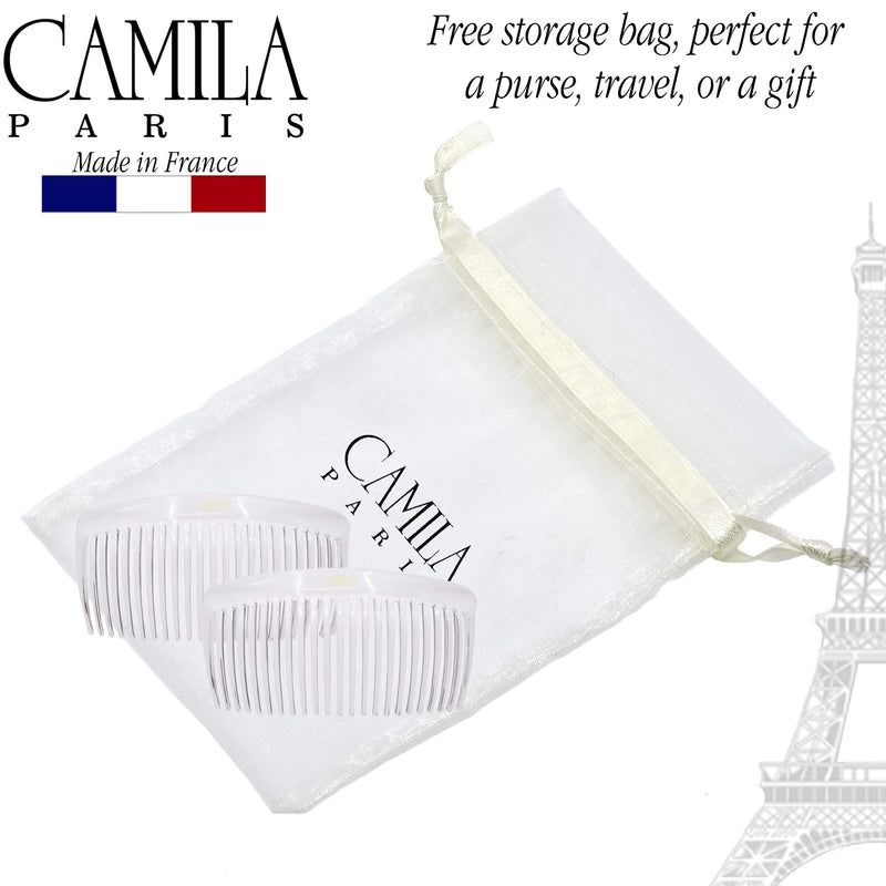 Camila Paris CP2911 French Side Combs Large 2 Pack Curved, Clear Flexible Durable Cellulose Hair Combs, Strong Hold Grip Hair Clips for Women, No Slip Styling Girls Hair Accessories, Made in France Camila