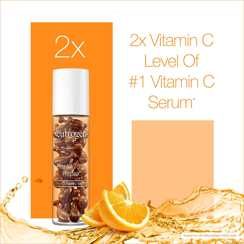 Neutrogena Rapid Tone Repair 20% Vitamin C Brightening Serum Capsules, Antioxidant Face Serum to Brighten Look of Dark Spots & Even Skin Tone, Oil-Free, 30 Serum Capsules Neutrogena