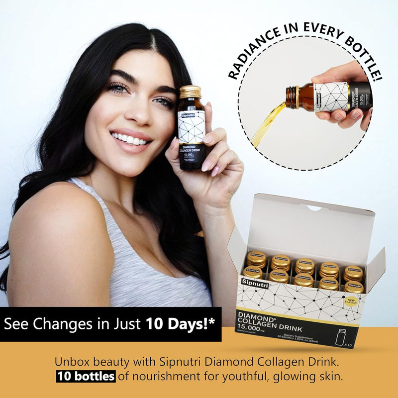 Diamond Liquid Collagen Drink, 15000 mg Hydrolyzed Marine Collagen Peptides with Vitamin C, Pomegranate, Healthy Hair Skin Nails Joints Bones Support, 50 ml x 10 Bottles Infinity Warehouse