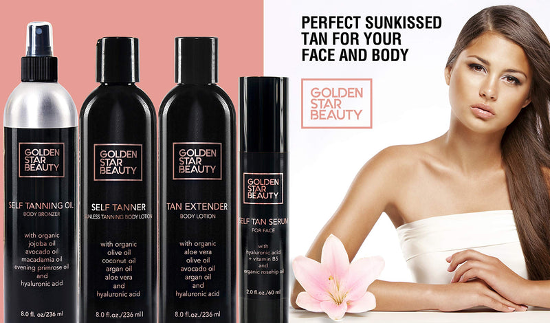 Self Tanner Oil - Natural Sunless Tanning Spray w/ Hyaluronic Acid and Organic Oils, Clear Gradual Fake Tan Sprayer for Perfect Golden Glow 8.0 fl.oz GOLDEN STAR BEAUTY