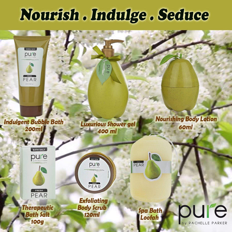 Luxury Spa Gift Basket, PURE Spa Basket -Bath and Body Gift Set. Pear Bath Set Includes Bubble Bath, Body Scrub, Shower Gel, more!