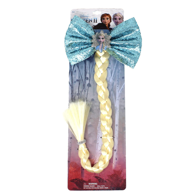 Disney Frozen 2 Hair Accessories - Princess ELSA Large Sky Blue Bow with Blond Faux Hair Braid with Snowflake Diamonds - Long Thick Hair Braid Extension With Hair Band - By Luv Her Luv Her
