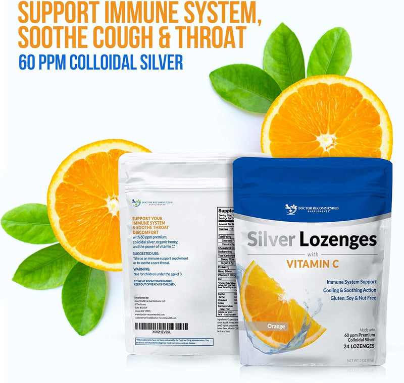 Silver Lozenges with Vitamin C - Premium Nano Silver 60 PPM Colloidal Silver, Organic Honey and Vitamin C Mineral Supplement Drops to Support Immune System, Soothe Cough & Throat - 24 Orange Lozenges Infinity Warehouse