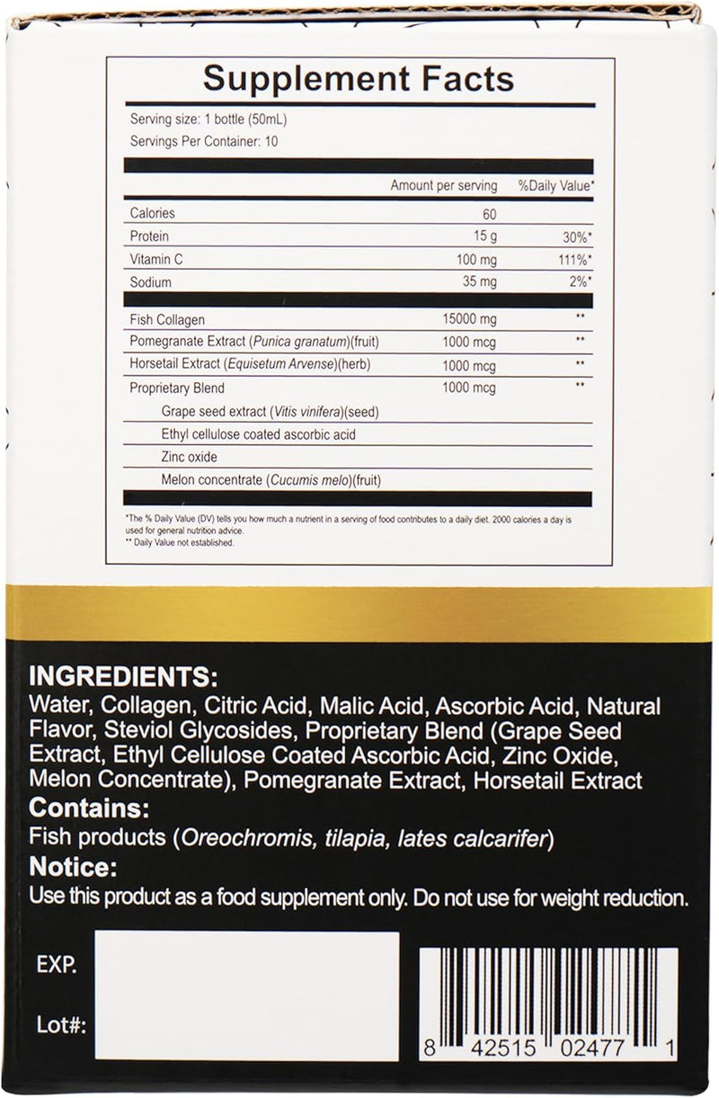 Diamond Liquid Collagen Drink, 15000 mg Hydrolyzed Marine Collagen Peptides with Vitamin C, Pomegranate, Healthy Hair Skin Nails Joints Bones Support, 50 ml x 10 Bottles Infinity Warehouse