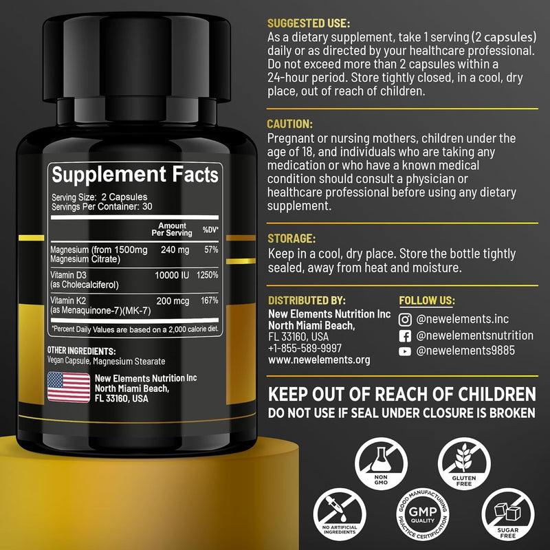 Magnesium Citrate 1500mg with Vitamin D3 10,000 IU & K2 MK-7 – Energy, Immunity & Bone Support – 60 Vegan Capsules – High Absorption, Non-GMO Infinity Warehouse