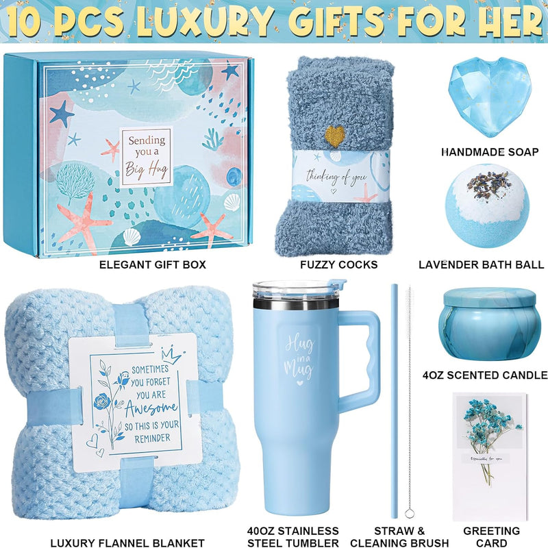 Birthday Gifts for Women Self Care Gifts Get Well Soon Gifts, Ocean Relaxing Spa Gifts Basket Care Package w/ Flannel Blanket 40 OZ Tumbler, Anniversary Easter Gift for Her Mom Wife Friends Sisters