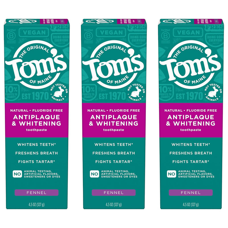 Tom's of Maine Antiplaque and Whitening Toothpaste, Fluoride Free, Fennel, 3 Pack, 4.5 Oz Infinity Warehouse