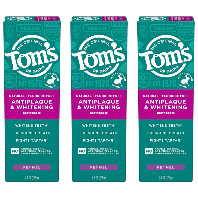 Tom's of Maine Antiplaque and Whitening Toothpaste, Fluoride Free, Fennel, 3 Pack, 4.5 Oz Infinity Warehouse