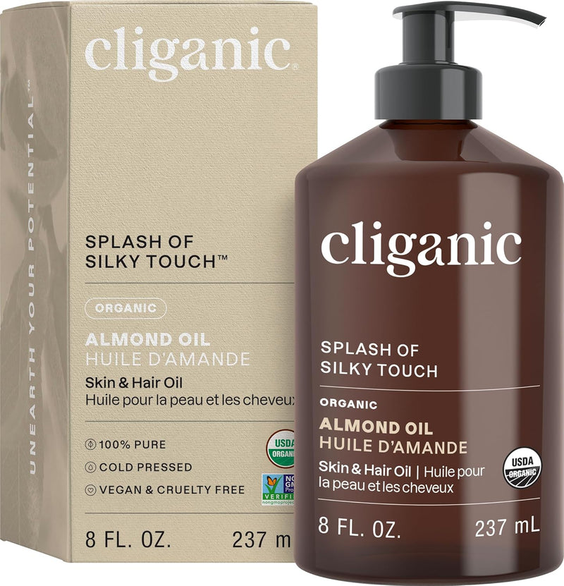 Cliganic Organic Sweet Almond Oil, 100% Pure (8oz) - for Skin & Hair, Nourishing Carrier Oil for Face & Body (Packaging May Vary) Infinity Warehouse