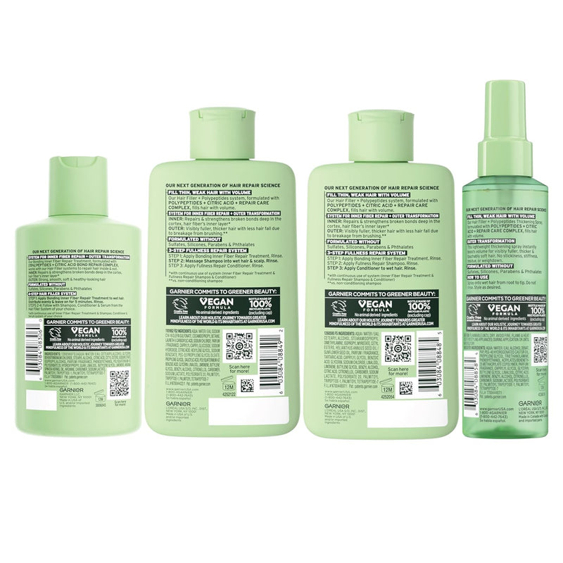 Garnier Fructis Hair Filler Bonding Pre-Shampoo + Fullness Repair Shampoo, Conditioner + Thickeing Spray Set with Polypeptides (4 Items), 1 Kit Infinity Warehouse