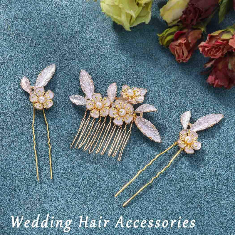 Aukmla Flower Bride Wedding Hair Comb with Hair Pins Gold Leaf Bridal Hair Piece Crystal Hair Jewelry Pearl Hair Accessories for Women and Girls (Pack of 3) Aukmla
