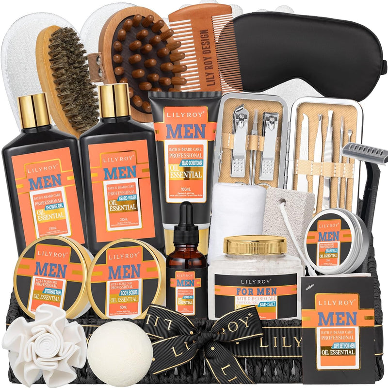 Father's Day Spa Gift Set for Men - Luxury 30-Piece Sandalwood Bath & Beard Gift Set for Men, Bath & Body Care Kit for Him with Beard Wax | Christmas, Valentine's Day, Birthday, Gift for Father Dad Infinity Warehouse
