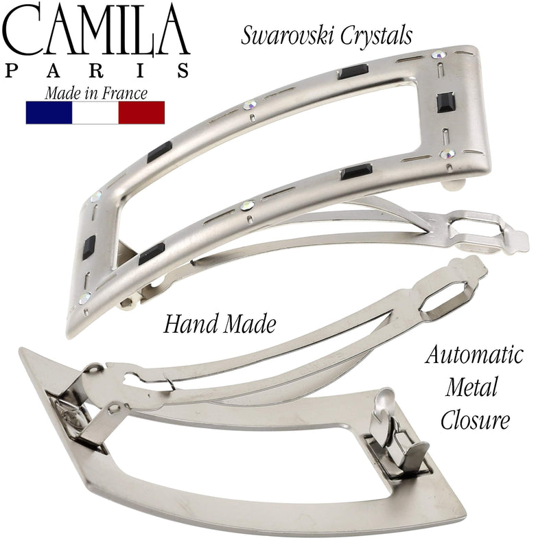 Camila Paris GA252 2.5 Inch Square Hair Barrette Clip Metal Silver, French Hair Accessories for Women, Handmade with Swarovski Crystals Stones. Styling Girls Hair Ornaments. Made in France Camila