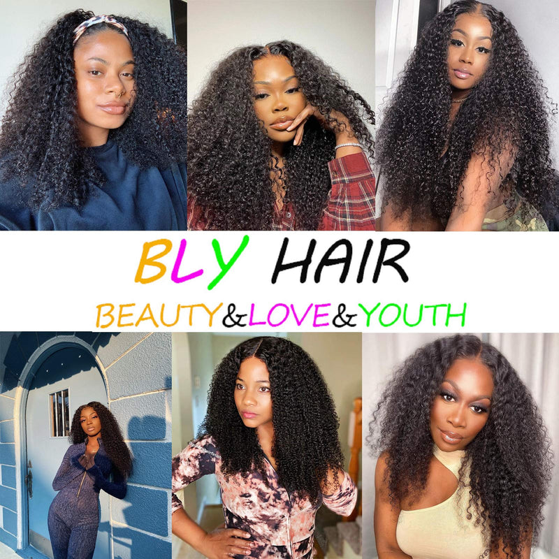 BLY Kinky Curly Lace Front Wigs for Black Women Human Hair Pre Plucked Knots Bleached 4x4 Lace Closure Wig Deep Curly Hair 150% Density 1B Black Color 26 Inch BLY