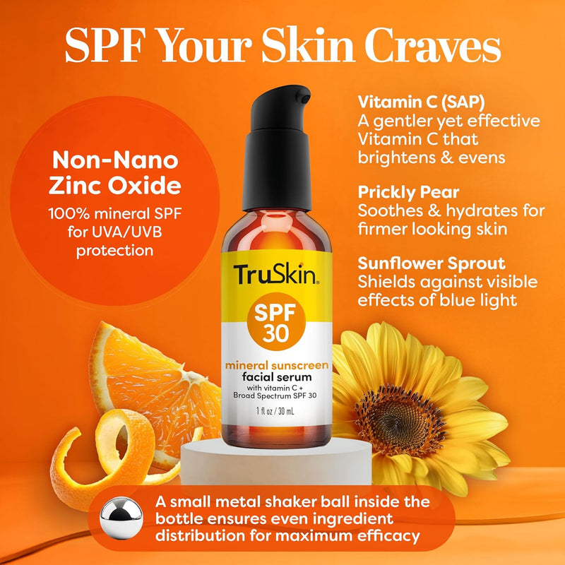 TruSkin SPF 30 Tinted Mineral Sunscreen Serum for Face - 1 fl oz | Universal Tinted | Lightweight Transparent Finish | Zinc Oxide | Vitamin C | Hyaluronic Acid | Ceramides | All Skin Types Infinity Warehouse