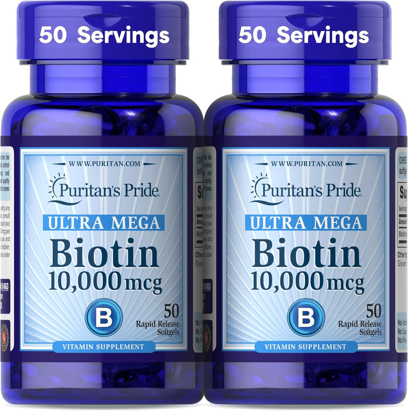 Puritan's Pride Premium Ultra Mega Biotin 10,000mcg, Dietary Supplement for Healthy Hair, Skin, Nails, and Energy Metabolism Support, 100 Day Supply, 50 Rapid Release Softgels, 2 Pack Infinity Warehouse