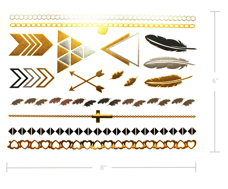 Terra Tattoos Gold Metallic Temporary Tats 75+ Geometric Henna Designs Moon, Stars, Arrows, Feathers Waterproof Nontoxic Long Lasting Perfect for Beach, Festivals, & more! Terra Tattoos