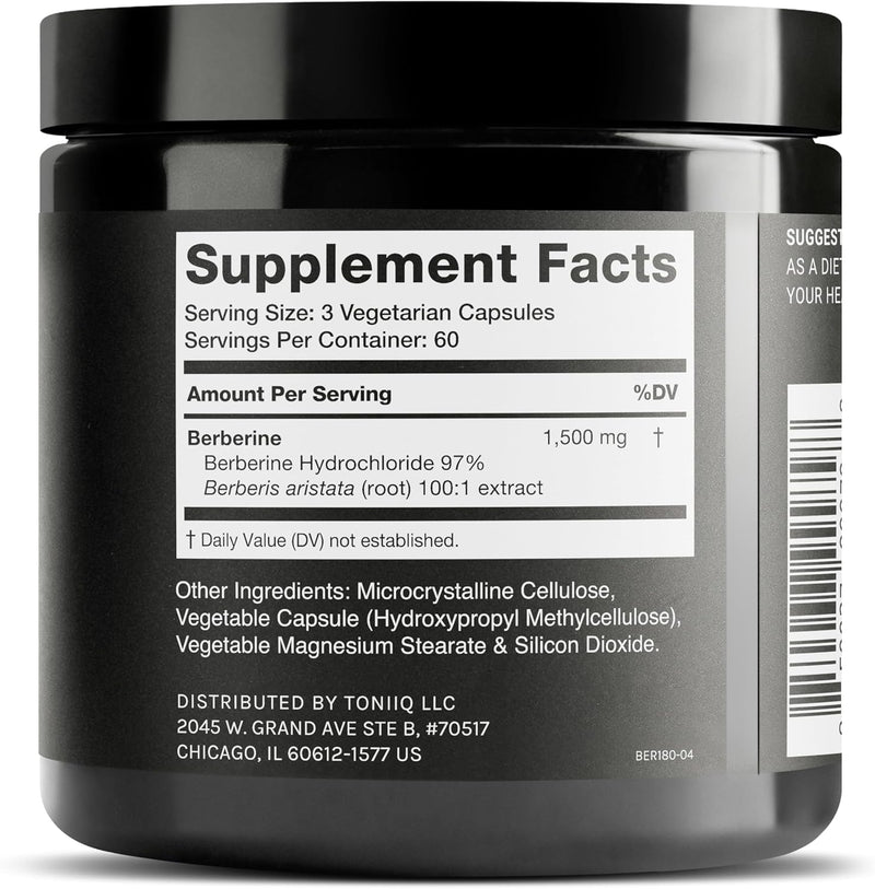 Toniiq Berberine HCl — 100:1 Concentrated Extract • 97% Berberine HCl • Third-Party Tested cGMP — Berberine Supplement — 180 Vegetarian Capsules, 1500 mg per Serving Infinity Warehouse
