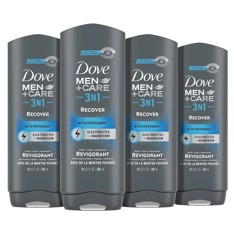 Dove Men+Care Post-Workout 3-IN-1 (Body + Face + Hair Wash) With Peppermint 4 Count Infused with Electrolytes + Magnesium 18 oz Infinity Warehouse