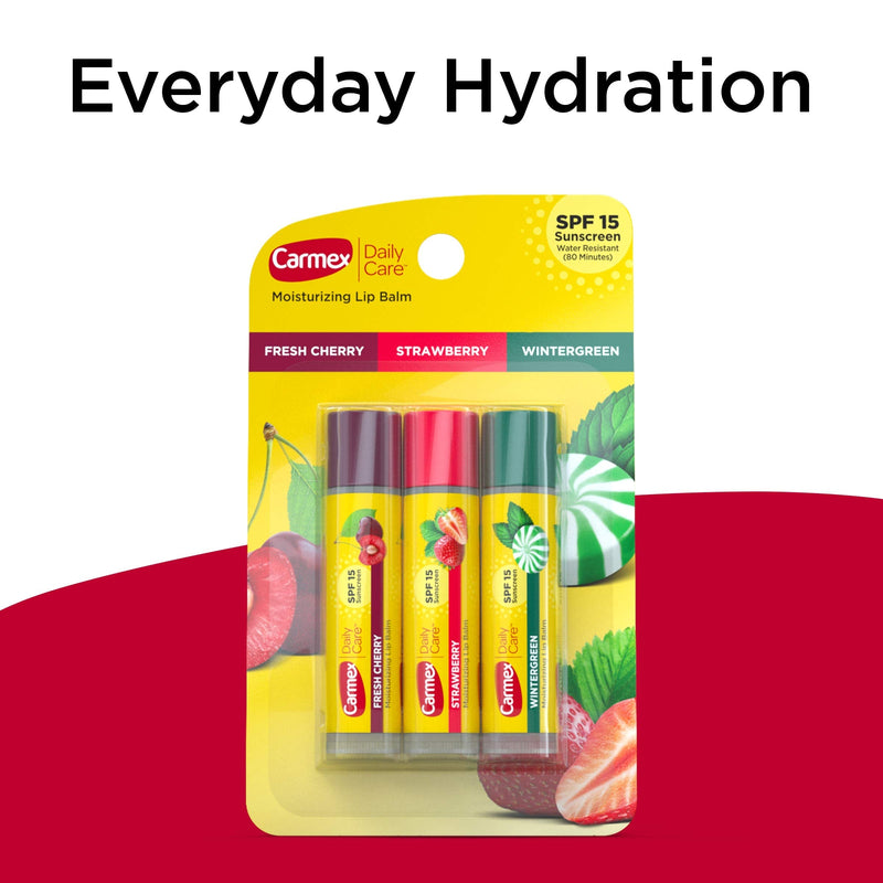 Carmex Daily Care Moisturizing Lip Balm Sticks with SPF, Fresh Cherry, Strawberry and Wintergreen Lip Balm Pack, 0.15 OZ - 3 Count (Pack of 2) Carmex