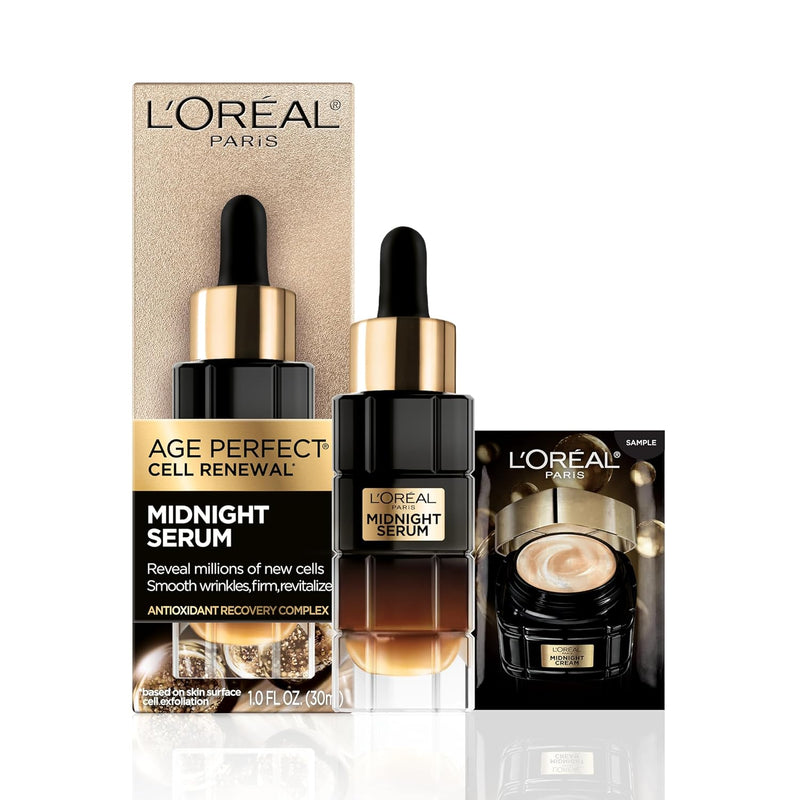 L'Oreal Paris Age Perfect Anti-Aging Midnight Face Serum, Reduce Wrinkles 1oz + Eye Cream Sample Infinity Warehouse