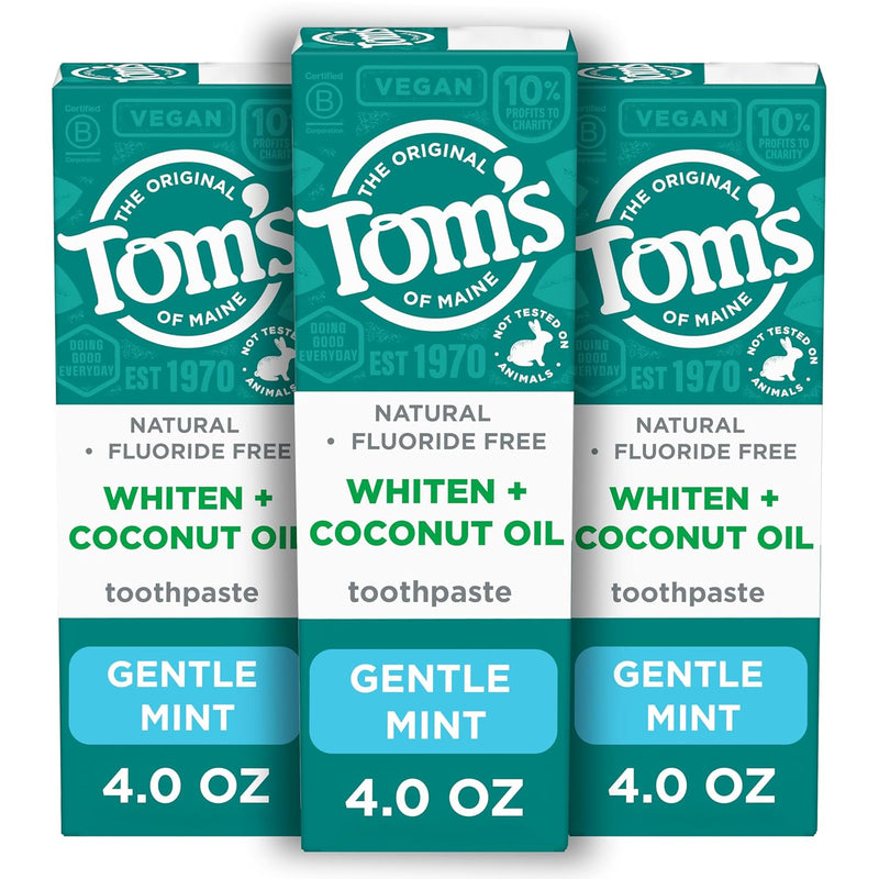 Tom's of Maine Whiten Plus Coconut Oil Fluoride Free Toothpaste, Natural Whitening Toothpaste with Plant-Based Cleansers, Whitens Without Causing Sensitivity, Gentle Mint, 4.0 Oz (Pack of 3) Infinity Warehouse