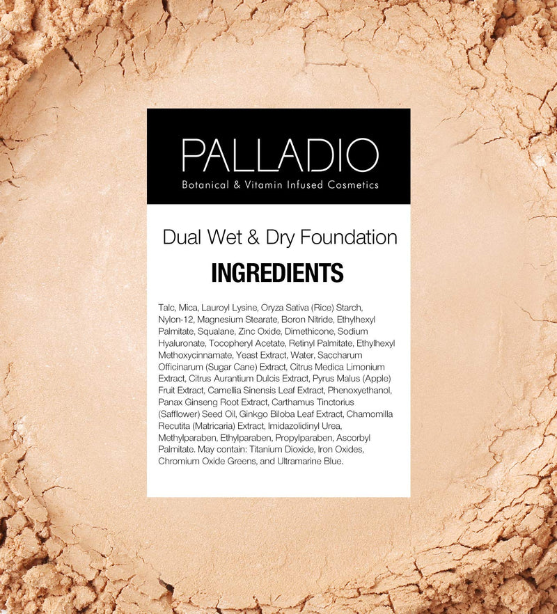 Palladio Dual Wet and Dry Foundation with sponge and Mirror, Squalane Infused, Apply Wet for Maximum Coverage or Dry for Light Finishing and Touchup, Minimize Fine Lines, All day Wear, Tawny Palladio
