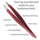 Tweezers – Surgical Grade Stainless Steel - Slant Tip for Expert Eyebrow Shaping and Facial Hair Removal – with Protective Pouch - Best Tweezer for Men and Women (Ruby Red) Zizzili Basics