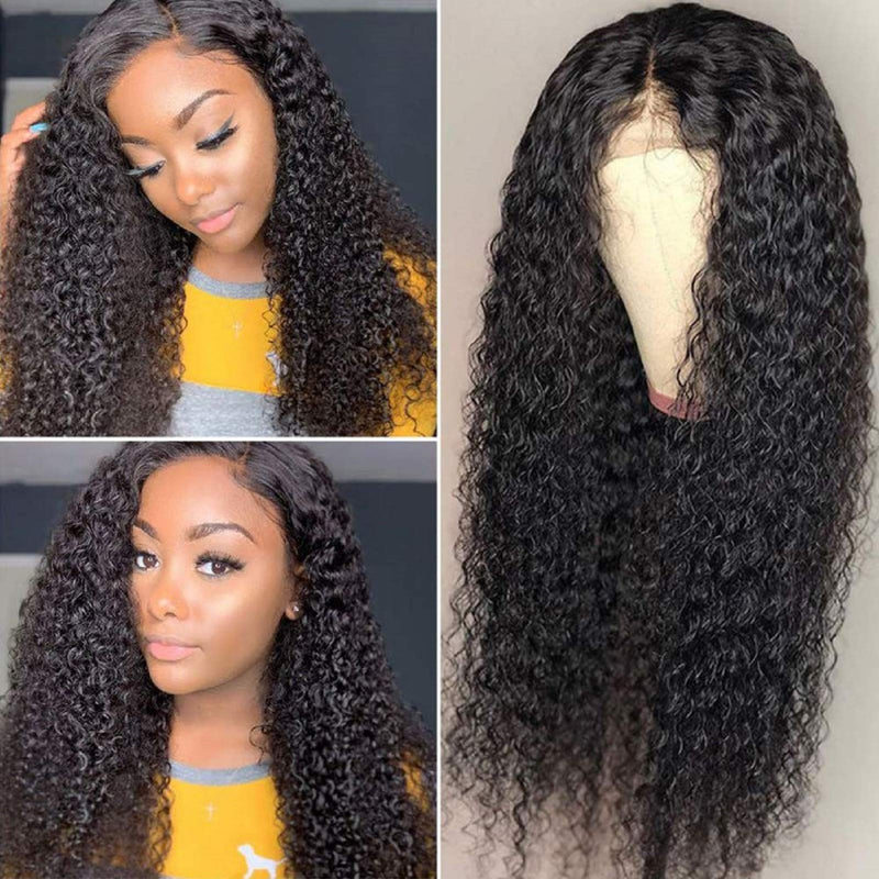 BLY Kinky Curly Lace Front Wigs for Black Women Human Hair Pre Plucked Knots Bleached 4x4 Lace Closure Wig Deep Curly Hair 150% Density 1B Black Color 26 Inch BLY