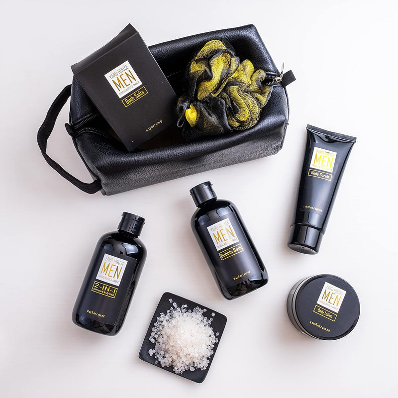 Bath and Body Spa Gift Baskets Set for Men - Sandalwood Amber - 7Pc Full Size Spa Kit in Toiletry Bag - Fathers Day Gifts For Husband, Dad From Wife, Daughter Son, Birthday Gifts For Him Infinity Warehouse