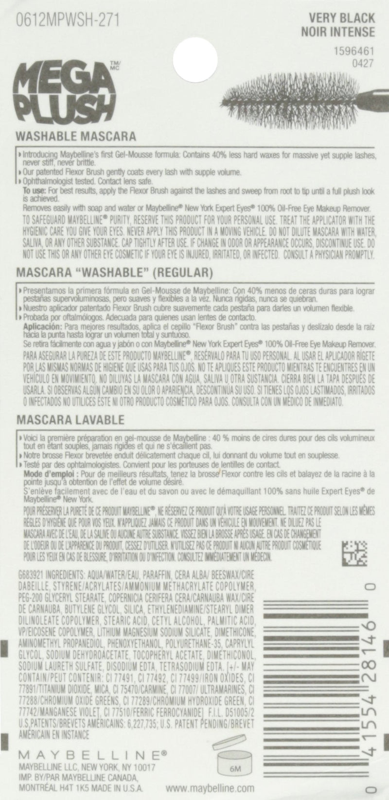 Maybelline New York Volume Express Mega Plush Washable Mascara, Very Black, 0.3 Fluid Ounce Maybelline New York