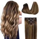 GOO GOO Remy Hair Extensions 16 Inch 7pcs 120g Chocolate Brown to Caramel Blonde Mixed Brown Balayage Thick Straight Hair Clip in Human Hair Extensions Real Hair Extensions GOO GOO