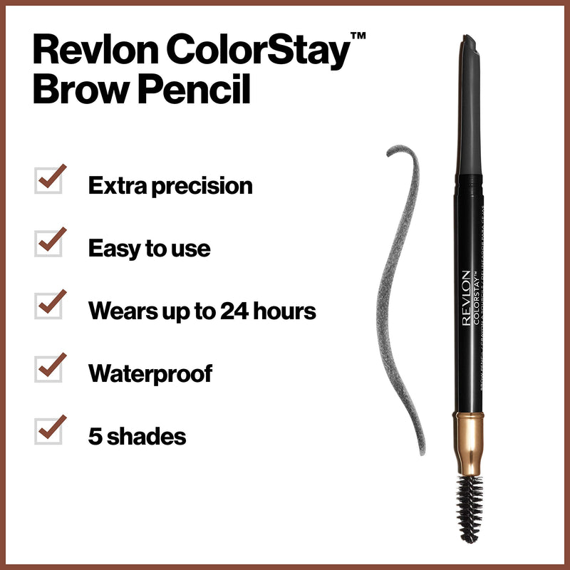 Revlon ColorStay Eyebrow Pencil with Spoolie Brush, Waterproof, Longwearing, Angled Tip Applicator for Perfect Brows, Soft Black (225) REVLON
