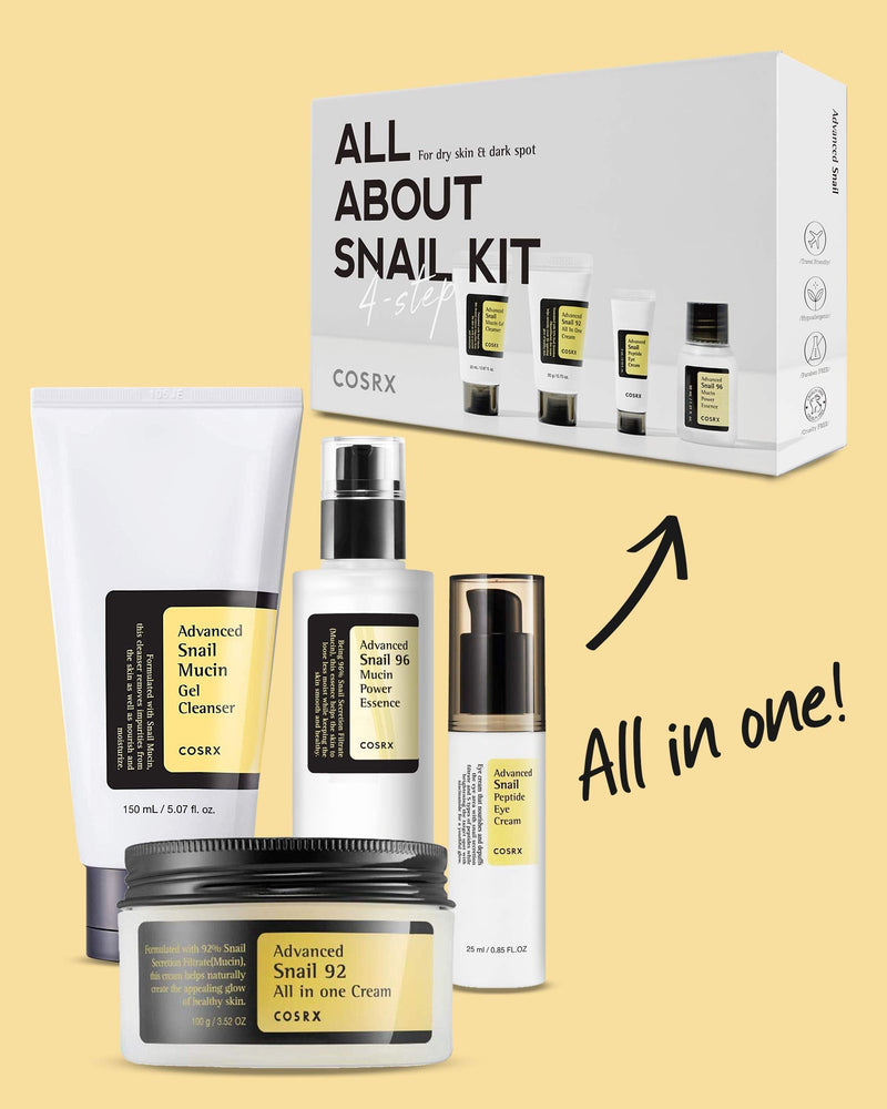 COSRX All About Snail Korean Skincare | TSA Approved Travel Size, Gift Set |Cleanser, Essence, Cream, Eye-cream | Snail Mucin for Repairing, Recovering, Rejuvenating COSRX