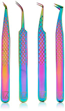 M LASH Set Of 4 Diamond Grip Eyelash Extensions Tweezers - Japanese Steel Lash Supply (Multi-Color) M