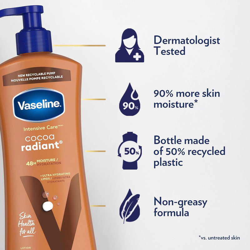 Vaseline Intensive Care Body Lotion Cocoa Radiant 3 count for Dry Skin Lotion Made with Ultra-Hydrating Lipids and Pure Cocoa Butter for a Long-Lasting, Radiant Glow 20.3 Oz Infinity Warehouse
