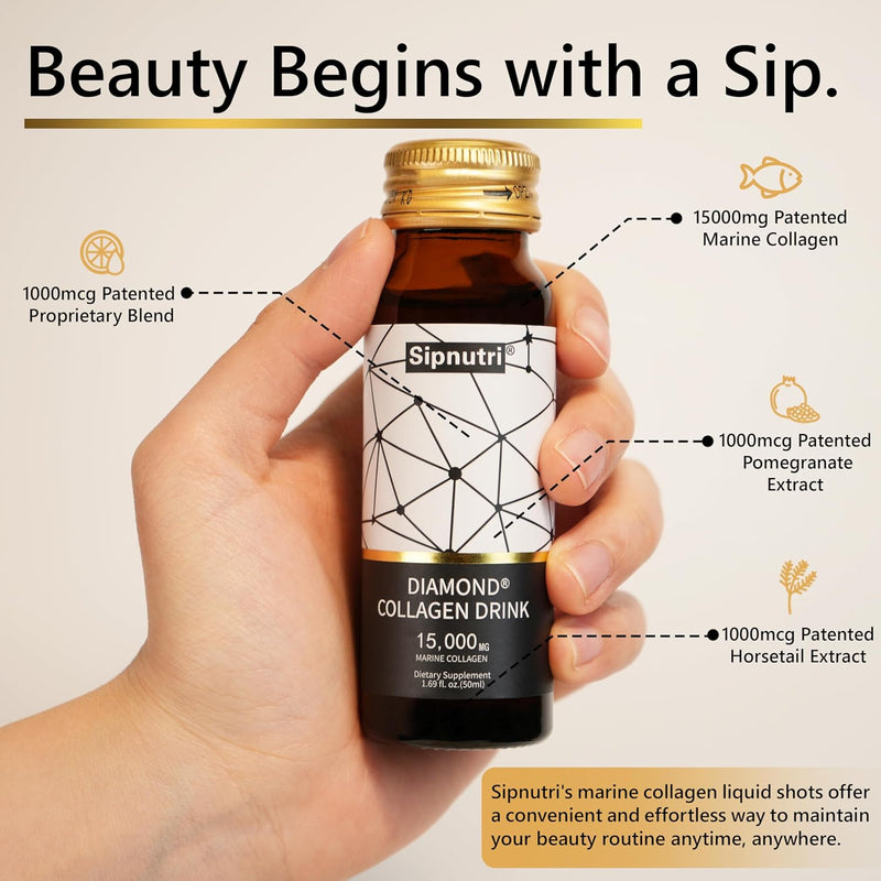 Diamond Liquid Collagen Drink, 15000 mg Hydrolyzed Marine Collagen Peptides with Vitamin C, Pomegranate, Healthy Hair Skin Nails Joints Bones Support, 50 ml x 10 Bottles Infinity Warehouse